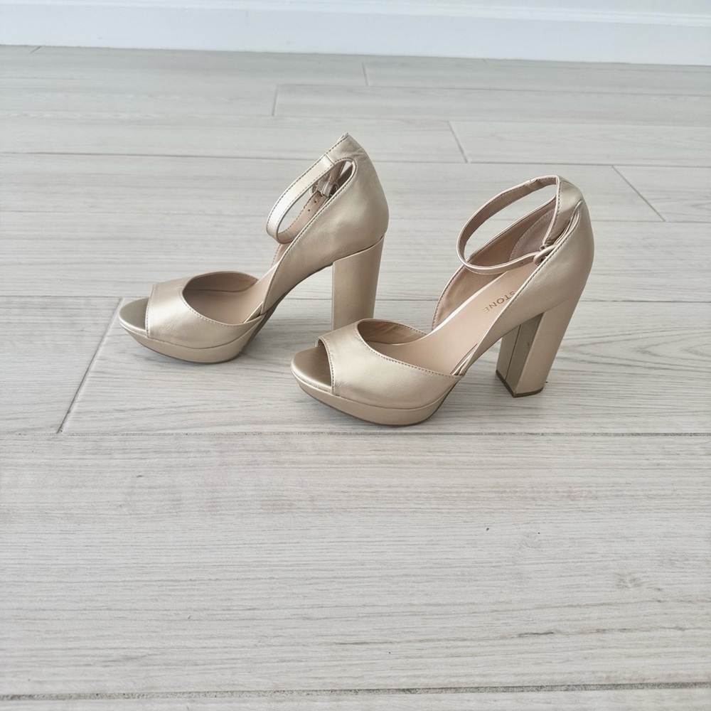 Sun + Stone Metallic Gold Block Heels